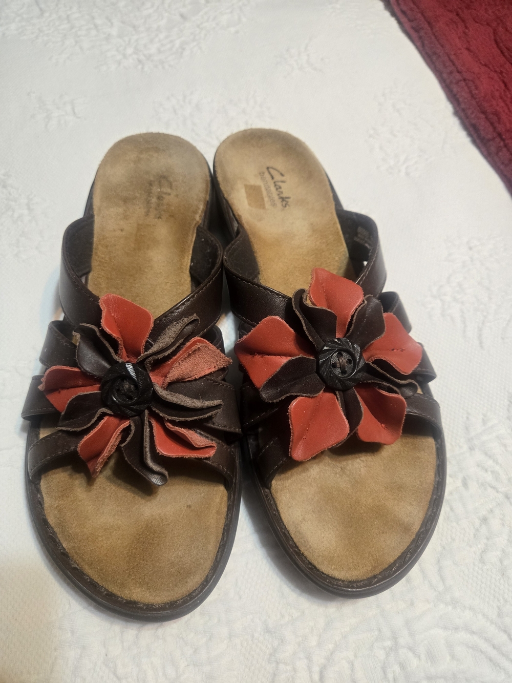 Clarks Brown Leather Slide Mules with Red Flower Accent